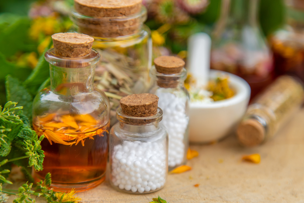 Tincture of medicinal herbs in bottles. Selective focus.